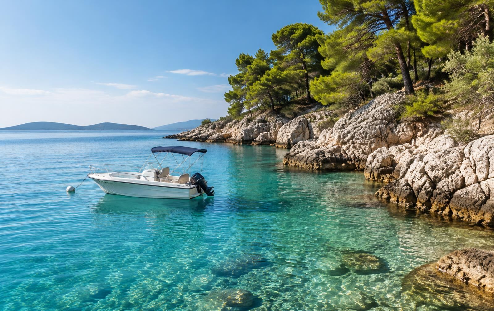 Small rental boat moored in a quiet Croatian cove