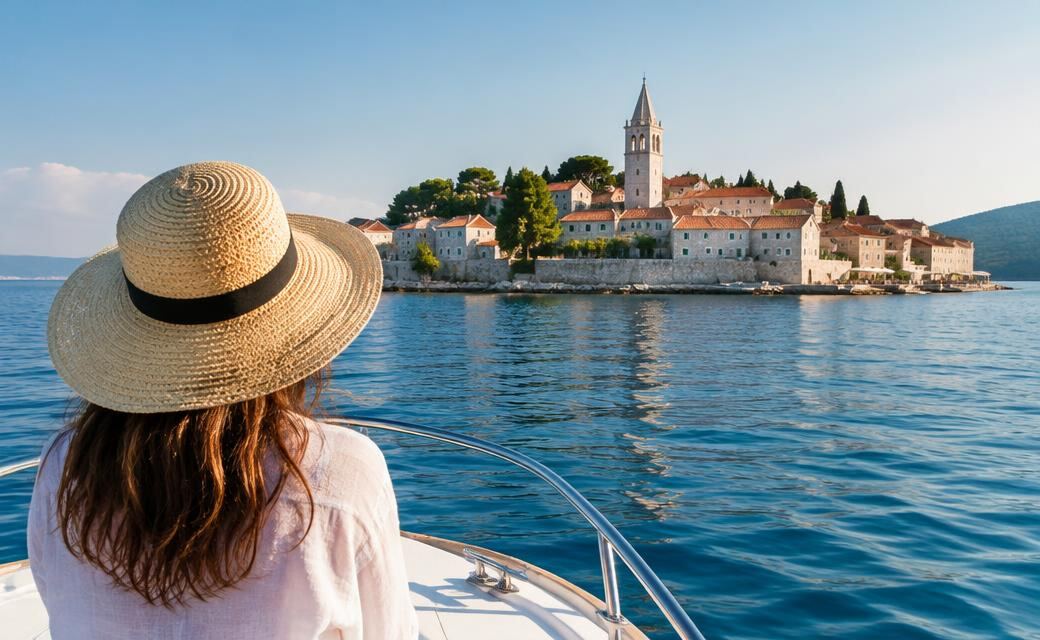 Traveller on a small boat approaching an old Croatian island town