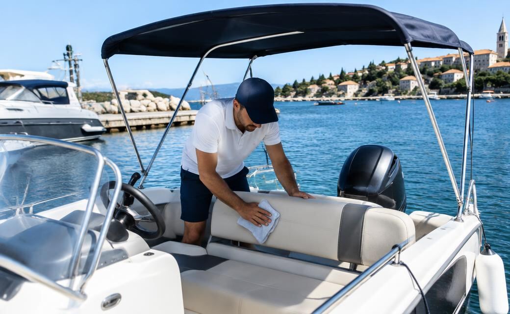 Boat operator preparing a small rental motorboat at a marina