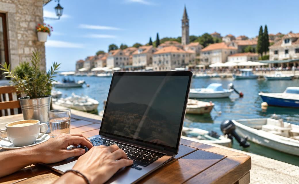 Laptop on a café table at a Croatian harbour