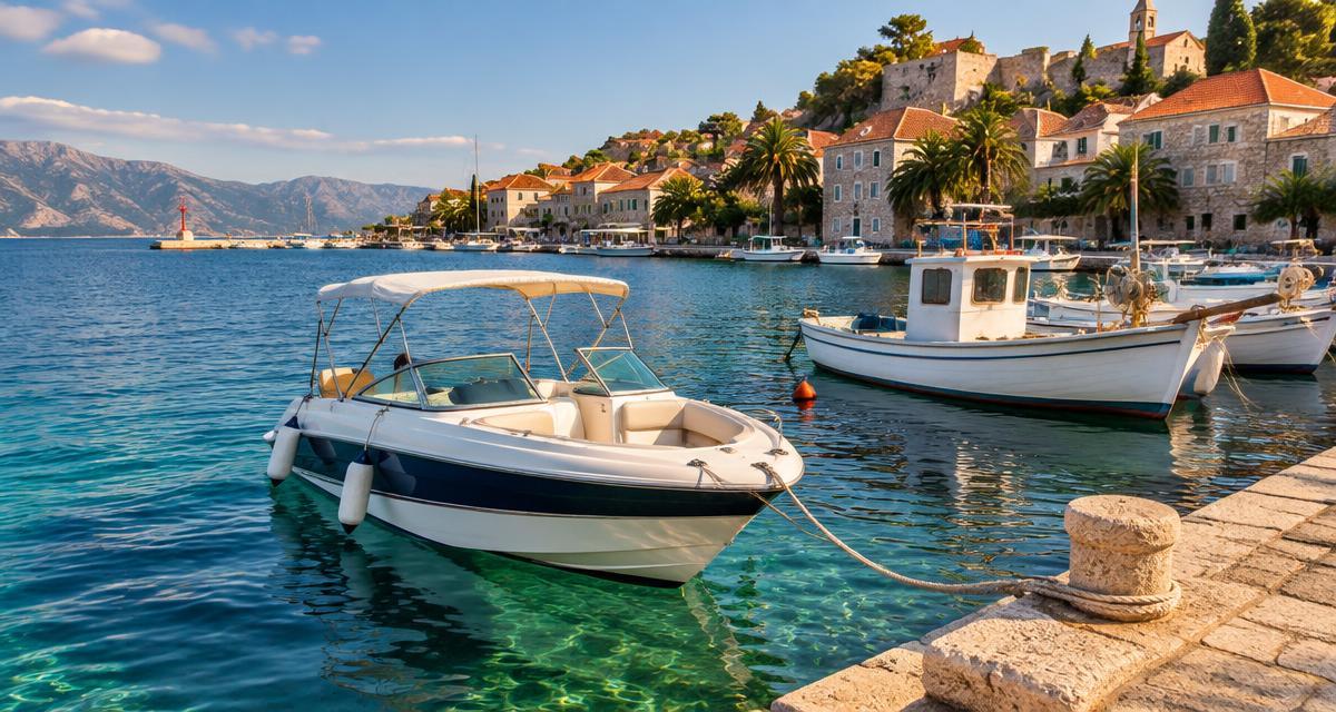 Small day-trip boat moored at a stone quay in a Croatian harbour